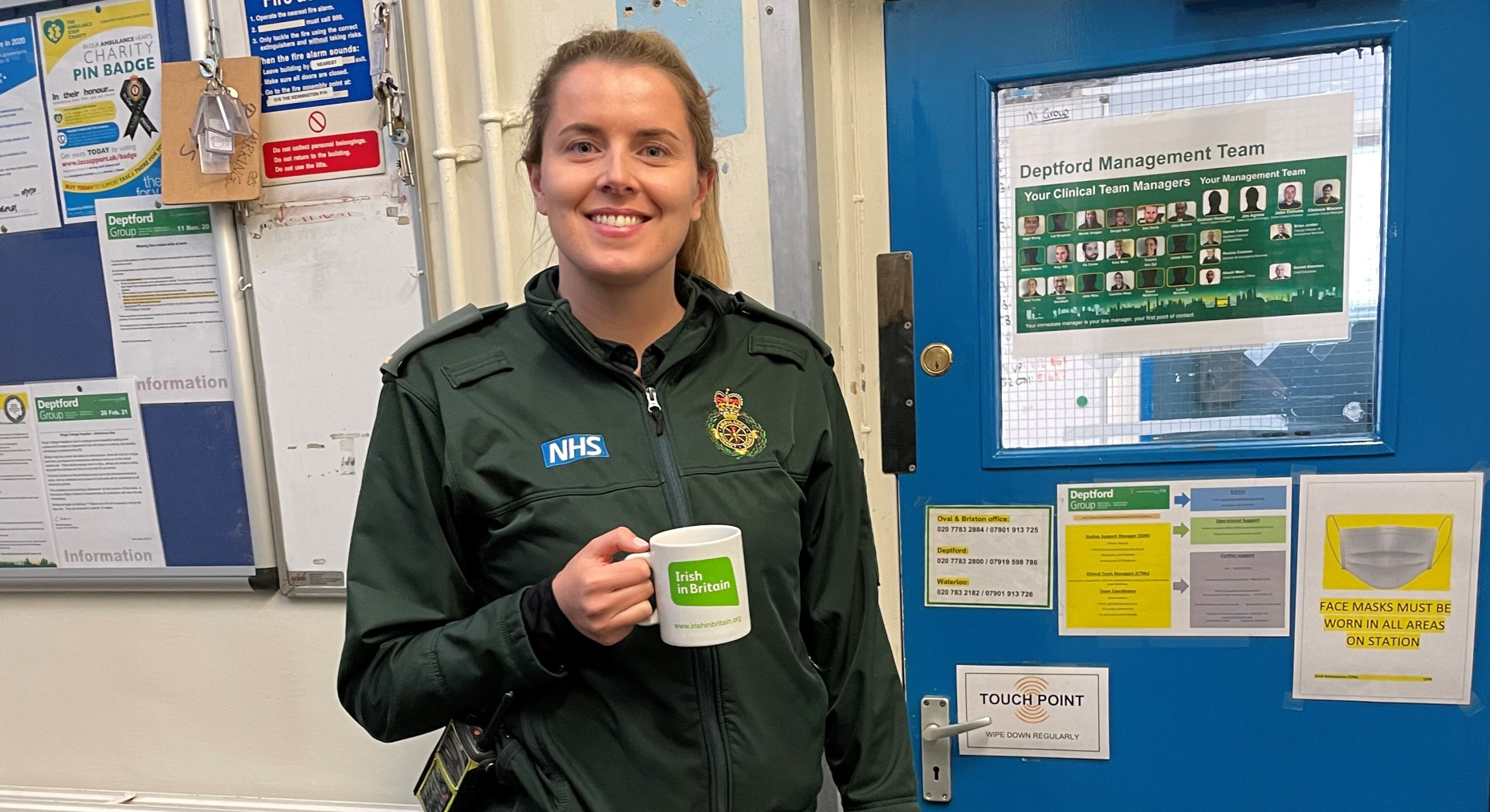 Gigi Cardozo, Paramedic at Oval with her Irish in Britain mug