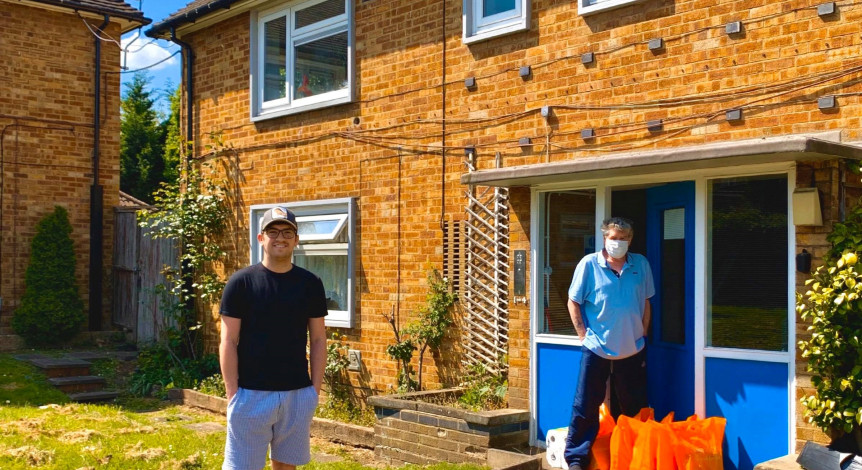 Luke Kitching, Luton Irish Forum trustee delivering shopping to Tom as part of LIF's COVID-19 Shopping Service.